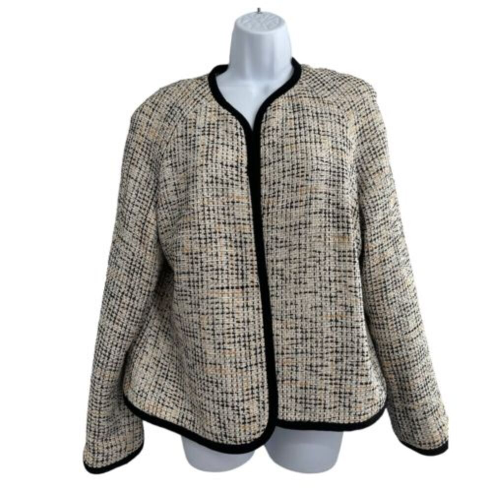 Kasper Cream/Black Women's Tweed Silk Blend Open Front Blazer Size 12 Career